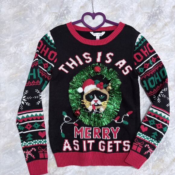 Grumpy Cat Funny 3D Ugly Christmas Women Sweater size XS/S Whimsical Holiday - Picture 1 of 9